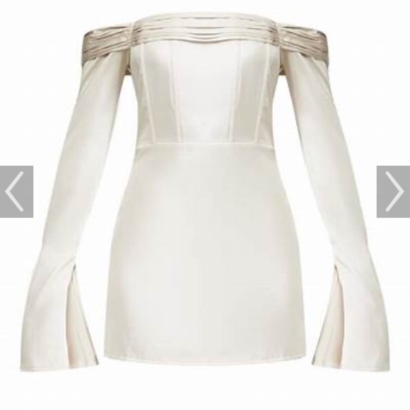 Pretty little thing Champagne pleat detail Bardot flared sleeve shift dress 4‎ - Picture 2 of 16